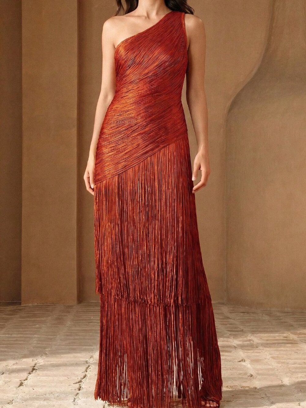 Burgundy Elegant Women's One-Shoulder Tassel Slim Fit Mermaid Mini Dress - Picture 4 of 7